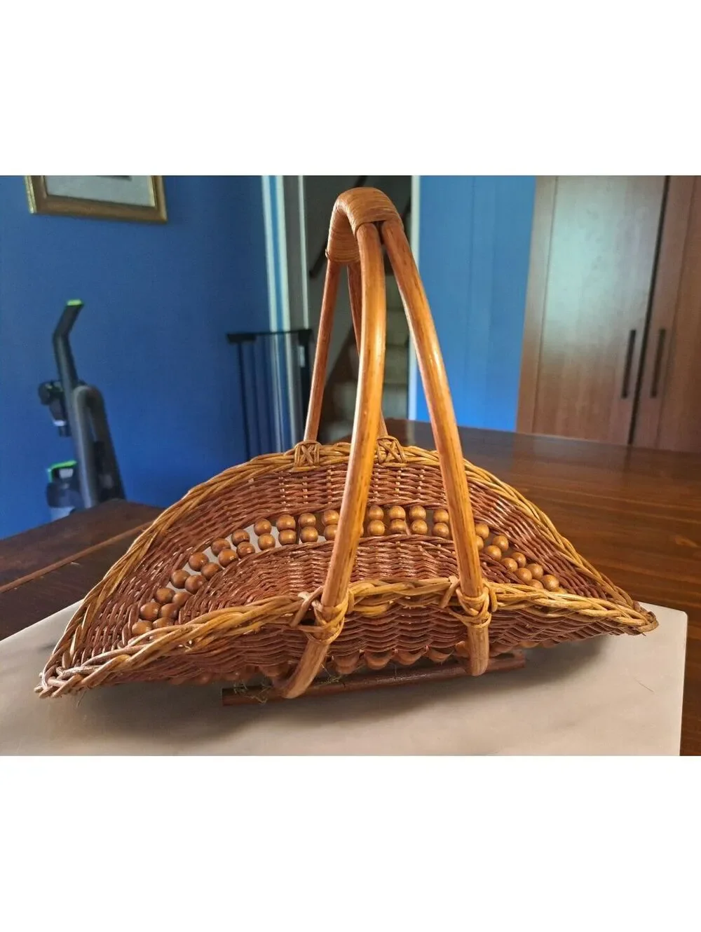 Vintage Wicker Beaded Trug/Gathering Double Handled Basket